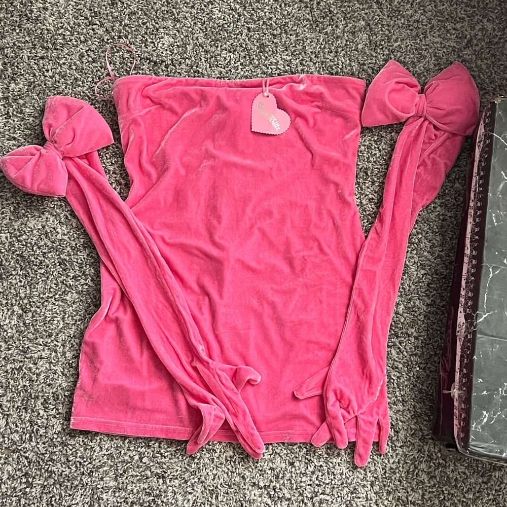 Dolls Kill Hot Pink Strapless Velvet Top with Bow Sleeve Ties